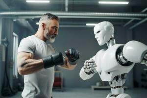 ai generado científico ingeniero enseñando robot Boxer o pruebas eso en laboratorio foto