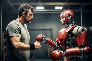 AI generated Scientist engineer teaching robot boxer or testing it in laboratory photo