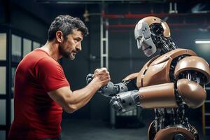 AI generated Scientist engineer teaching robot boxer or testing it in laboratory photo