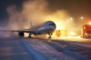 ai generado un comercial chorro avión es incapaz a tomar apagado en un congelación invierno noche debido a congelación. foto