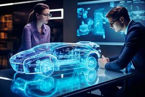 AI generated Scientists engineers are working on creating a car. Colleagues look at the hologram and think about changes photo