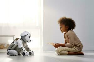 AI generated African American girl child playing in her children's room with a robot dog photo