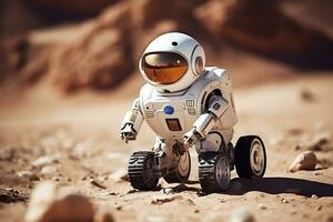 AI generated A humanoid robot on wheels explores the surface of the planet Mars photo