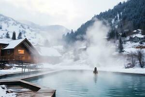 AI generated Hot thermal spring in the middle of snowy forest and mountains. Near the source there is a house built of wood. Travel concept to hot springs in winter photo