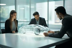 AI generated Scientists engineers are working on creating a car. Colleagues look at the hologram and discuss the project photo