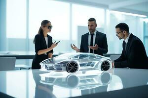 AI generated Scientists engineers are working on creating a car. Colleagues look at the hologram and discuss the project photo