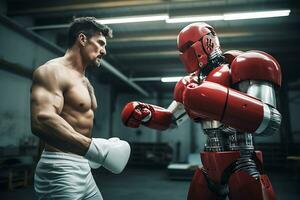 AI generated Scientist engineer teaching robot boxer or testing it in laboratory photo