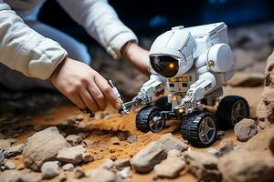AI generated Toy astronaut in the hands of a child photo