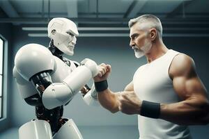 AI generated Scientist engineer teaching robot boxer or testing it in laboratory photo