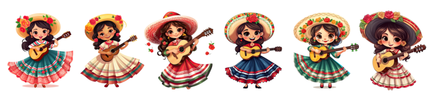 ai generato impostato di carino ragazza nel messicano popolare attrezzatura e mariachi ballerino per festeggiare cinco de mayo Festival isolato su trasparente sfondo. png