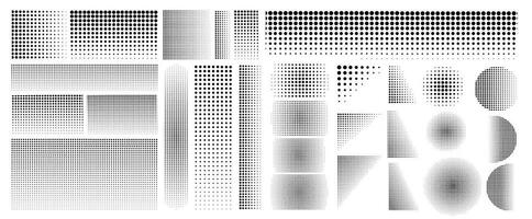 Set of different halftone gradient Cartoon dots, texture, circle, wide halftone, rounded shapes, grunge halftone, grid dots circles collection. use to Pop art dotted, banner, poster, print item. vector