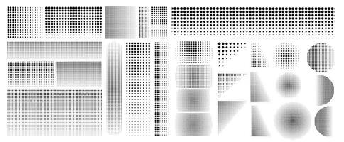 Set of different halftone gradient Cartoon dots, texture, circle, wide halftone, rounded shapes, grunge halftone, grid dots circles collection. use to Pop art dotted, banner, poster, print item. vector