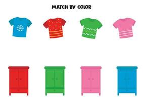 Color matching game for preschool kids. Match cartoon tshirts and wardrobes by colors vector