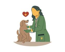 hembra veterinario con un perro y un corazón. vector ilustración.