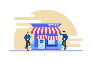 Small business idea, two business people who greet each other are heading to the shop they are building, illustration of a small business idea vector