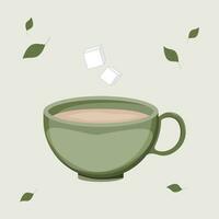 Green cup and sugar cubes on a green background with tea leaves. Tea ceremony. vector