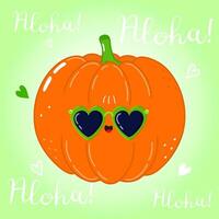 Cute funny Pumpkin character. Vector hand drawn cartoon kawaii character illustration icon. Isolated on green background. Pumpkin character concept. Aloha card