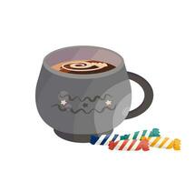 Cup of hot chocolate with cream and sweets. Warm delicious drink. Menu item, sign. Flat vector illustration.