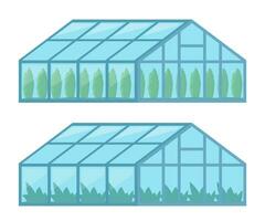 Greenhouses with glass walls, agricultural buildings. Cultivation of agricultural crops. Vector Illustration.