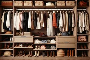AI generated minimal scandinavian wood walk in closet with wardrobe photo