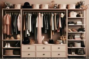 AI generated minimal scandinavian wood walk in closet with wardrobe photo