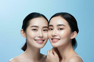 ai generado protección de la piel y maquillaje concepto hermosa asiático hembra mujer con sano facial piel cerca arriba retrato foto