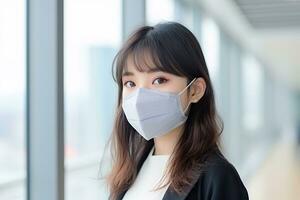 AI generated woman wearing face mask protect filter against air pollution photo