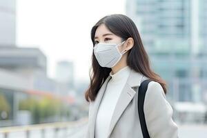 AI generated woman wearing face mask protect filter against air pollution photo