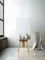 AI generated White canvas for mockup with blurred brick wall room interior photo