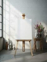 AI generated White canvas for mockup with blurred brick wall room interior photo