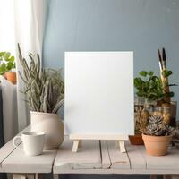 AI generated White canvas for mockup with blurred brick wall room interior photo