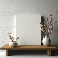 AI generated White canvas for mockup with blurred brick wall room interior photo