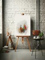 AI generated White canvas for mockup with blurred brick wall room interior photo