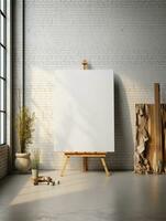 AI generated White canvas for mockup with blurred brick wall room interior photo