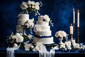 ai generado un Boda pastel con blanco flores y azul cinta foto