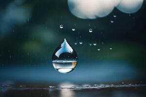 ai generado un soltar de agua es mostrado en el lluvia foto