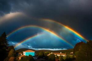 ai generado un arco iris aparece terminado un casa y arboles foto