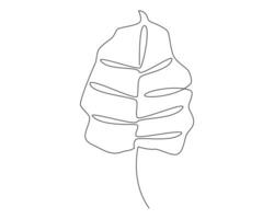 Continuous one simple single abstract line drawing of monstera leaf illustration in silhouette on a white background vector