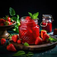 AI generated Strawberry jam in a glass jar with fresh berries and mint on a dark background. photo