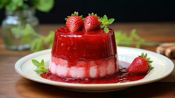 AI generated Strawberry dessert. A light mousse dessert garnished with fresh strawberries and mint. photo
