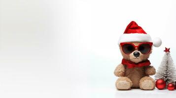 AI generated Teddy bear who wearing hat sitting with red baubles and Christmas tree on white background . Teddy bear wearing Santa outfit and sunglasses isolated on white with space for text. photo