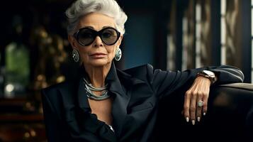 AI generated A rich elderly lady gracefully placed her manicured hand on the back of a leather sofa. Elegant senior woman in sunglasses. Beauty, fashion. photo