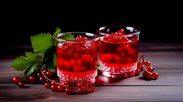 AI generated Close-up of red currant compote on a wooden table. photo