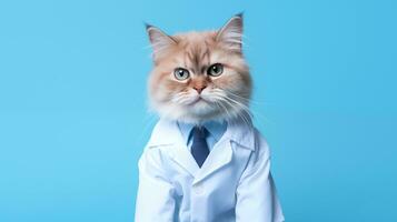 ai generado retrato de un gato en un del doctor Saco en un azul antecedentes. foto