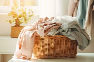 AI generated Wicker laundry basket with clothes in natural sunlight. Generative AI photo