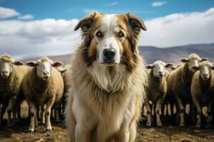 AI generated Shepherd dog guarding and leading the sheep flock on a summer day. Generative AI photo