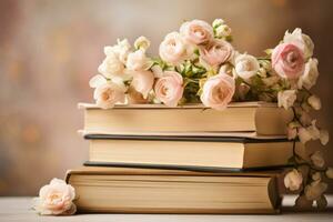 AI generated Stack of books adorned with fresh flowers. Concept of relaxation and reading. Generative AI photo