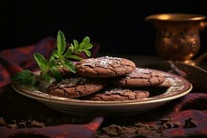 AI generated Fresh homemade chocolate chip cookies. Chocolate brownie cookies. Homemade pastry. Generative AI photo