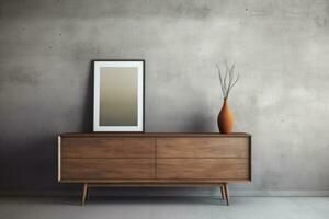 AI generated Wooden dresser near concrete wall with frame. Vintage home interior design of living room. Generative AI photo