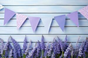 AI generated Triangular lilac bunting flags and flowers. Festive decor. Generative AI photo